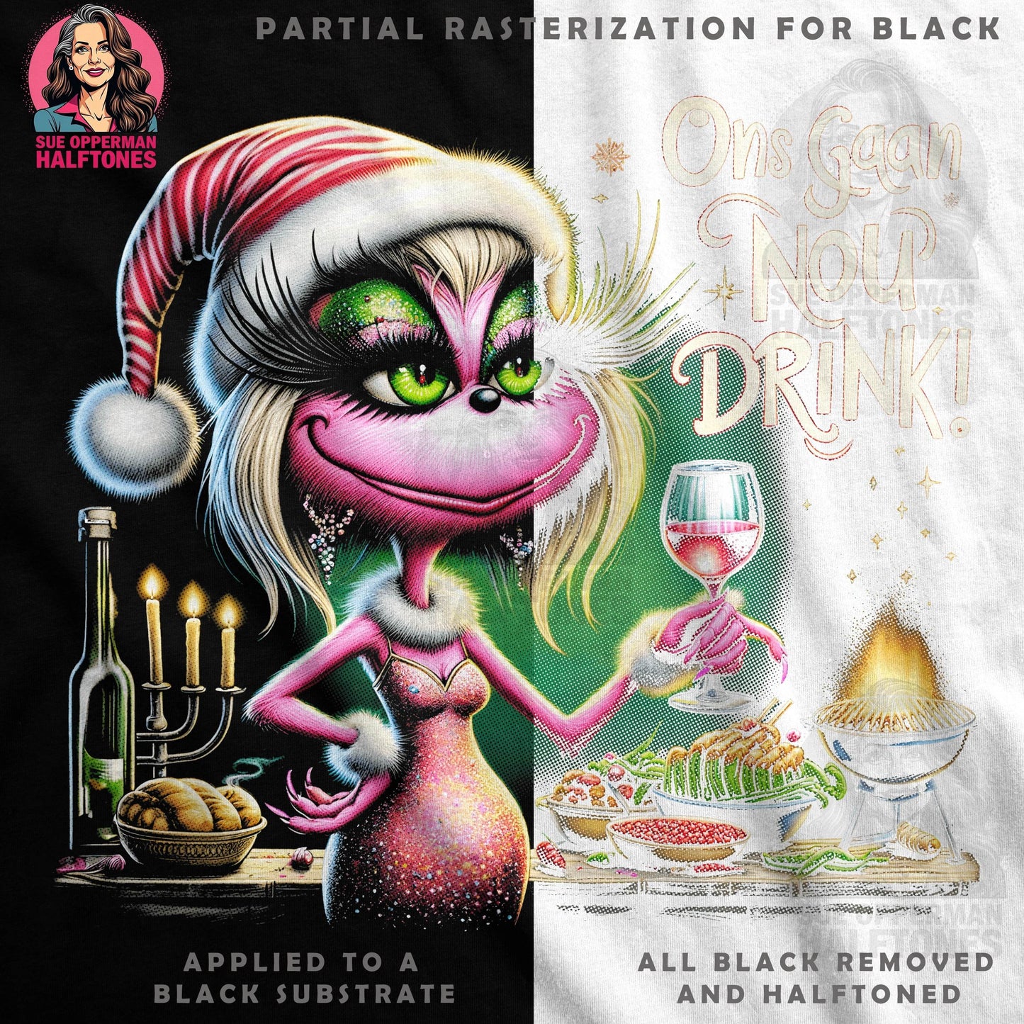 Christmas Funny Grinch With Wine Glass Halftoned T-Shirt Design - halftone PNG for T-shirts – Sue Opperman Halftones