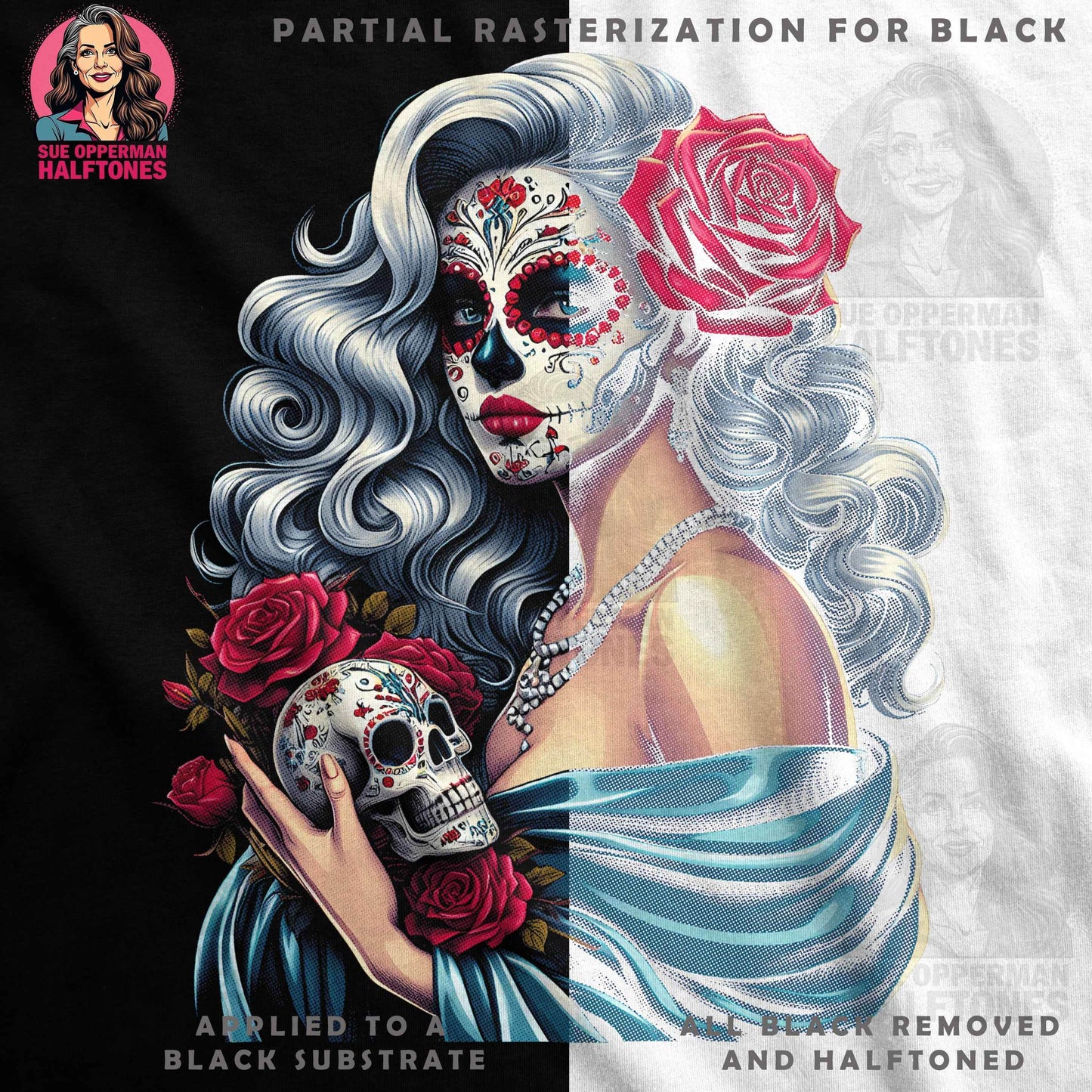 Day of the Dead Lady Halftone T-Shirt Design - halftone PNG for T-shirts – Sue Opperman Halftones