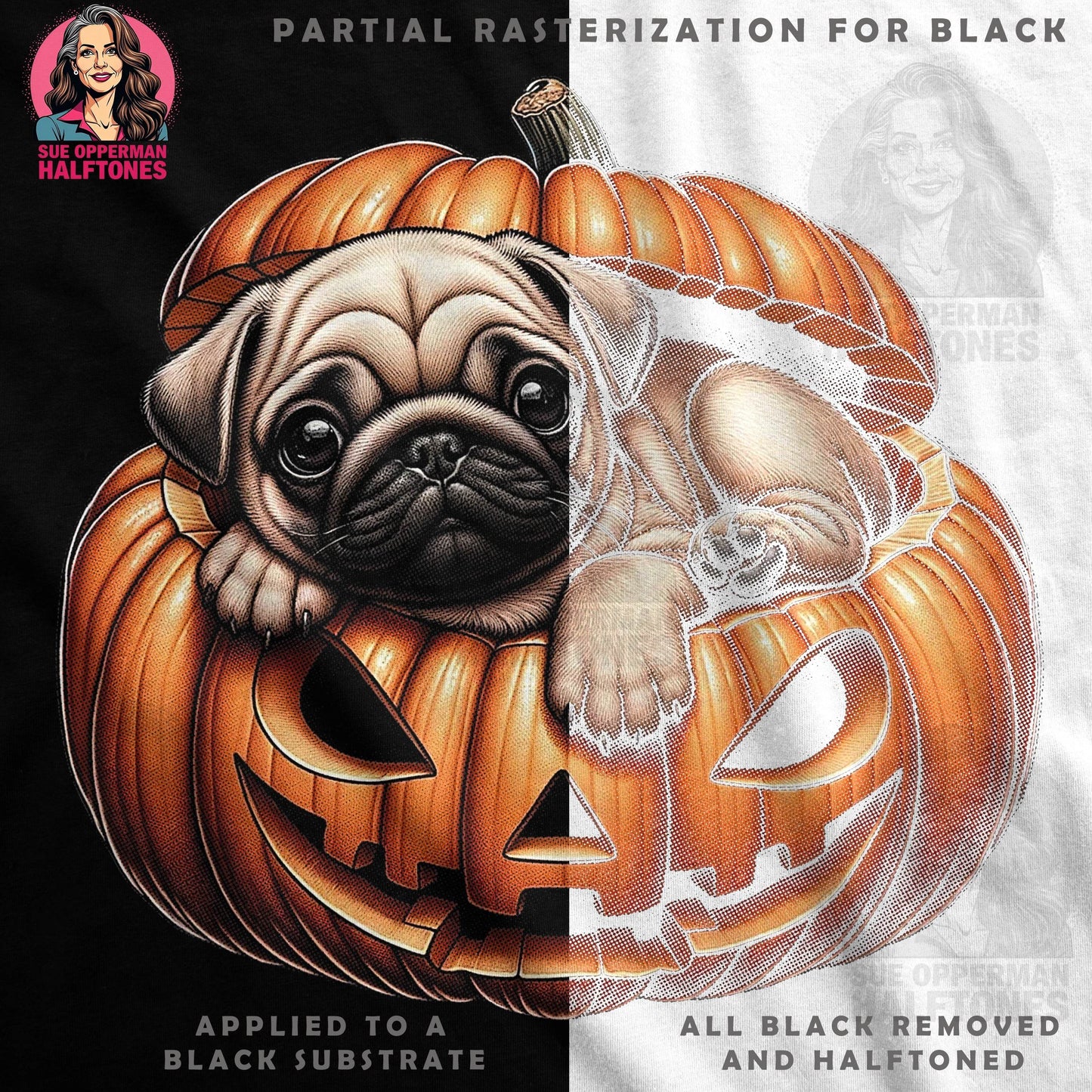 Halloween Pug In Pumpkin Halftone T-Shirt Design - halftone PNG for T-shirts – Sue Opperman Halftones