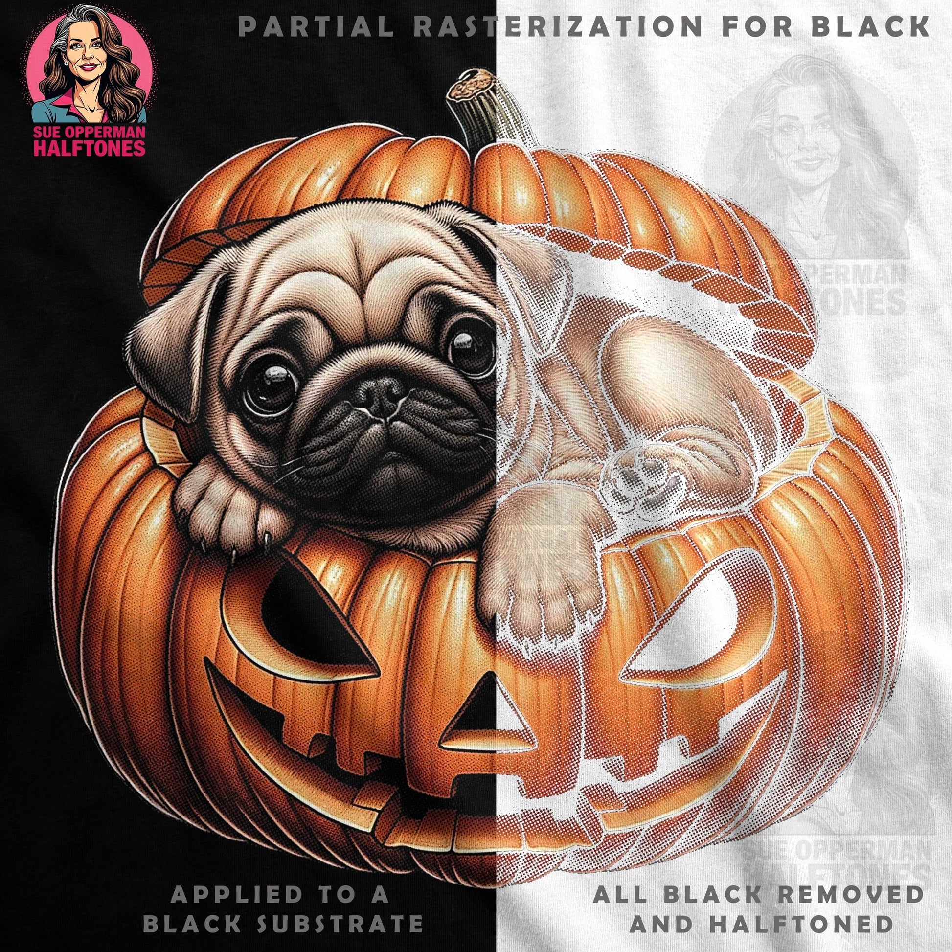 Halloween Pug In Pumpkin Halftone T-Shirt Design - halftone PNG for T-shirts – Sue Opperman Halftones
