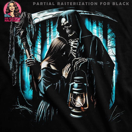 Gothic Reaper Embracing Woman Digital Halftone T-Shirt Design - halftone PNG for T-shirts – Sue Opperman Halftones