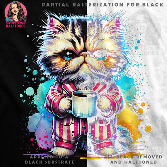 Cat in Pajamas with Coffee Digital Halftoned T-Shirt Design - halftone PNG for T-shirts – Sue Opperman Halftones