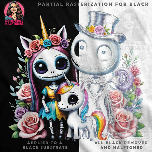 Jack and Sally Unicorns Roses Halftone T-Shirt Design - halftone PNG for T-shirts – Sue Opperman Halftones