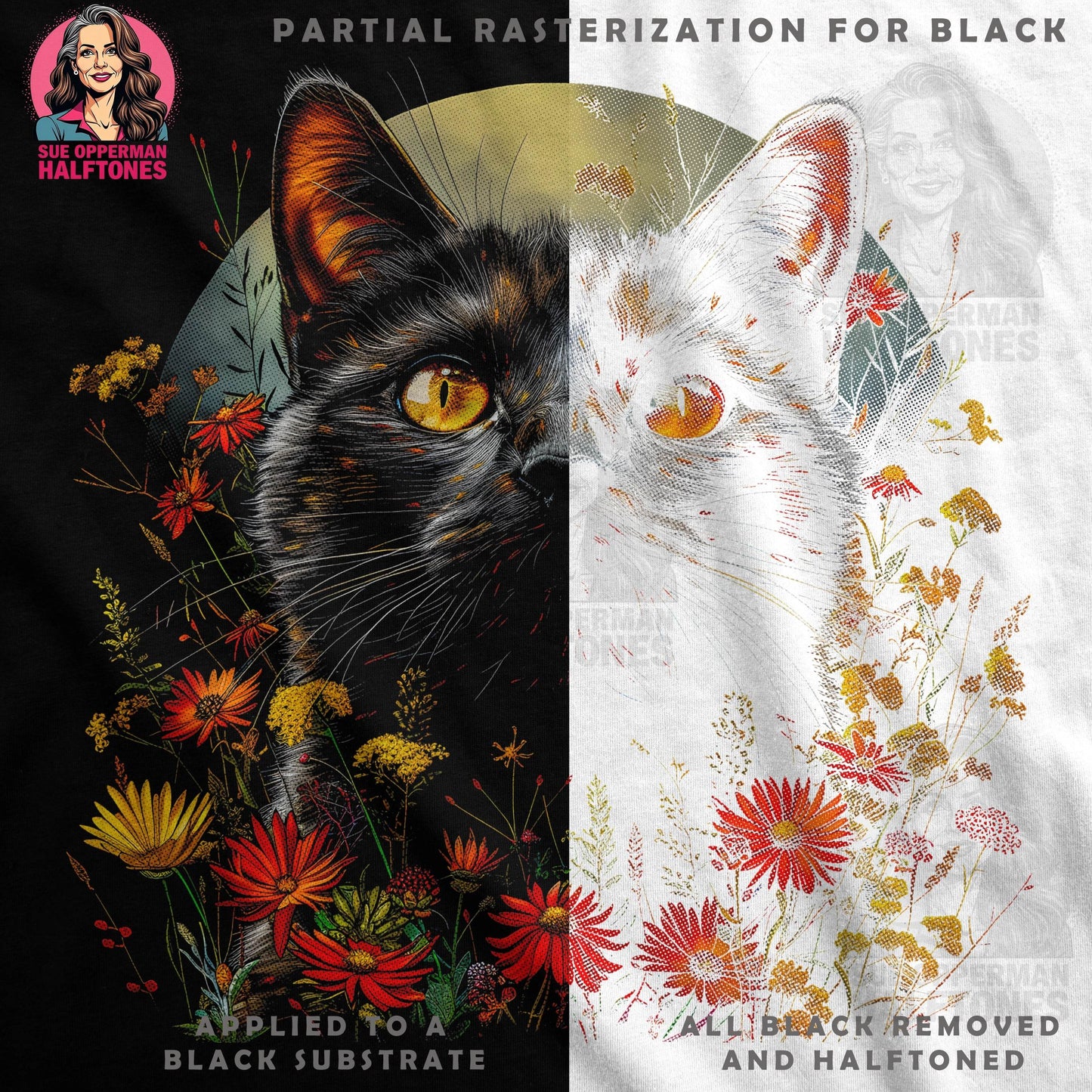 Floral Cat Illustration Halftone T-Shirt Design - halftone PNG for T-shirts – Sue Opperman Halftones