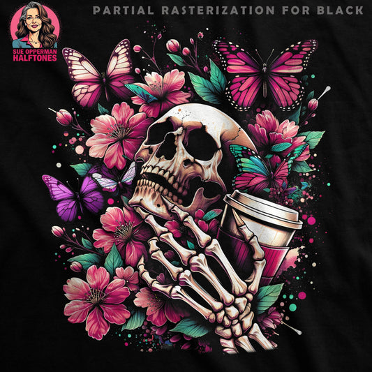 Floral Skull Butterfly And Coffee Halftoned T-Shirt Design - halftone PNG for T-shirts – Sue Opperman Halftones
