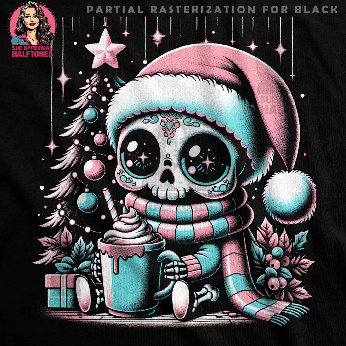 Christmas Sugar Skull with Hot Cocoa Halftone T-Shirt Design - halftone PNG for T-shirts – Sue Opperman Halftones