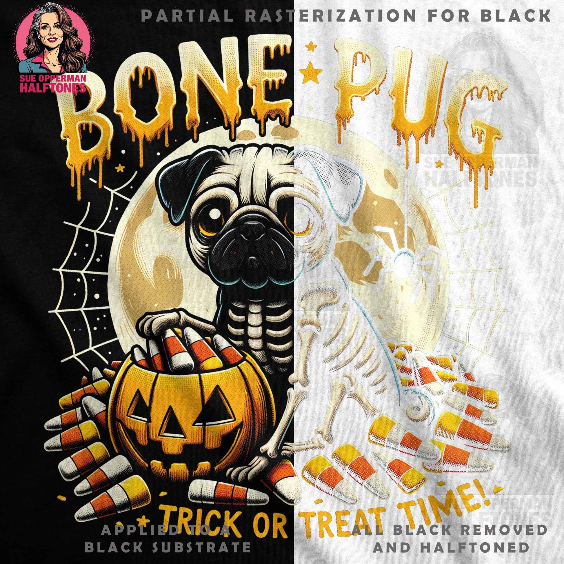 Halloween Bone Pug Trick Or Treat Time Halftoned T-Shirt Design - halftone PNG for T-shirts – Sue Opperman Halftones