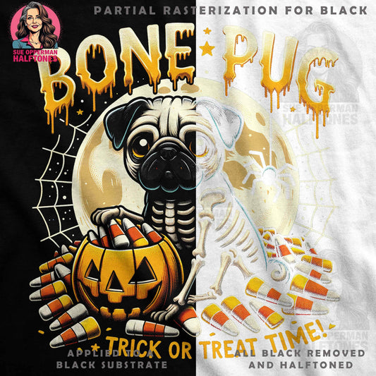 Halloween Bone Pug Trick Or Treat Time Halftoned T-Shirt Design - halftone PNG for T-shirts – Sue Opperman Halftones