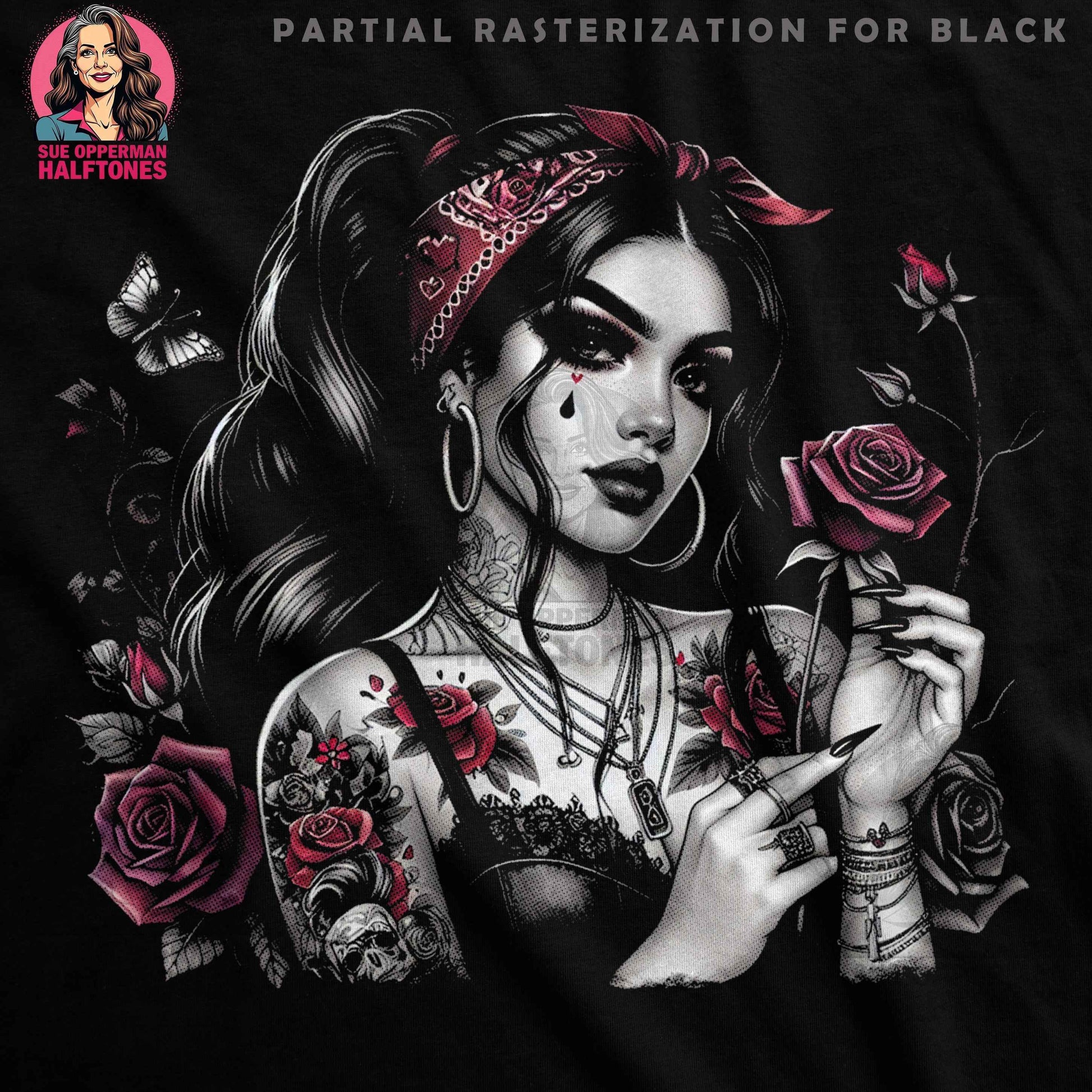 Goth Girl Roses Tattoo Art Digital Halftoned T-Shirt Design - halftone PNG for T-shirts – Sue Opperman Halftones