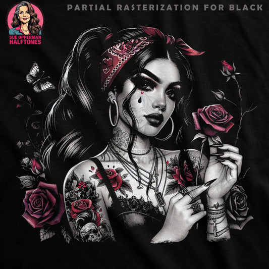 Goth Girl Roses Tattoo Art Digital Halftoned T-Shirt Design - halftone PNG for T-shirts – Sue Opperman Halftones