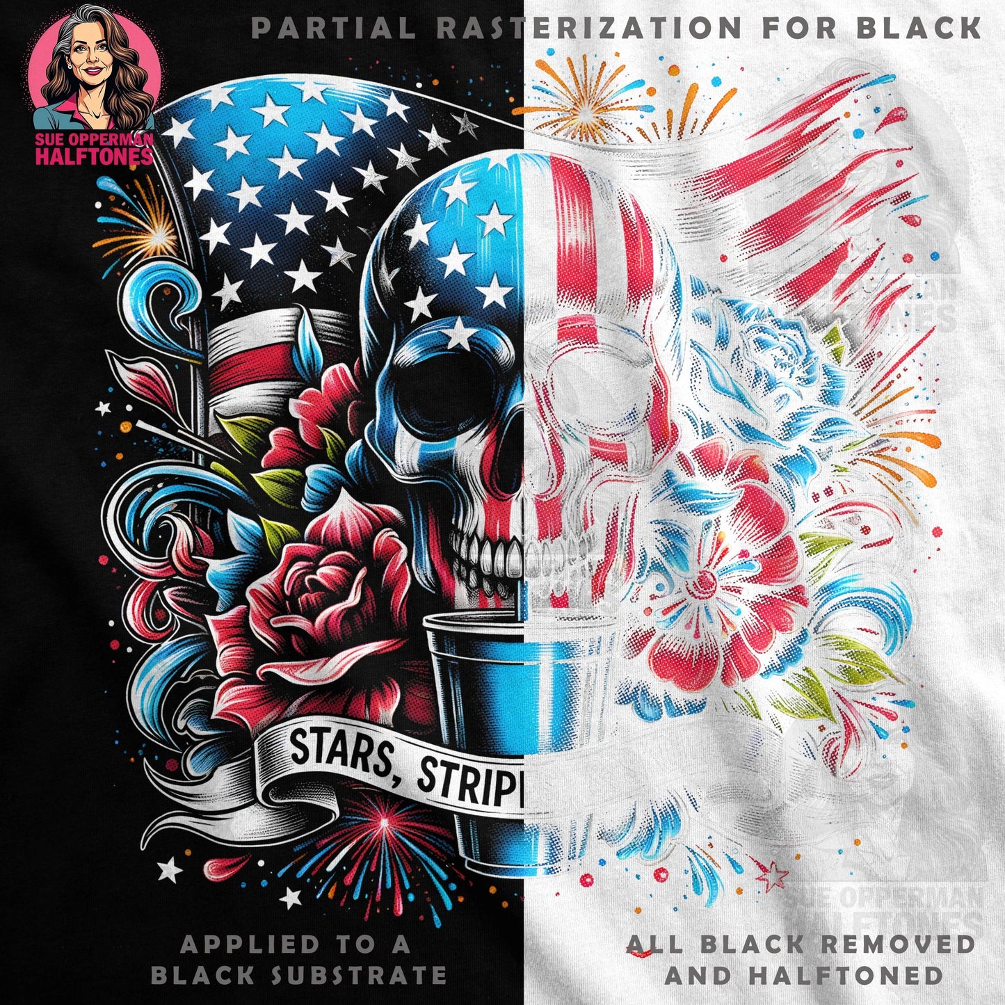 Patriotic Skull Stars Stripes Halftoned T-Shirt Design - halftone PNG for T-shirts – Sue Opperman Halftones