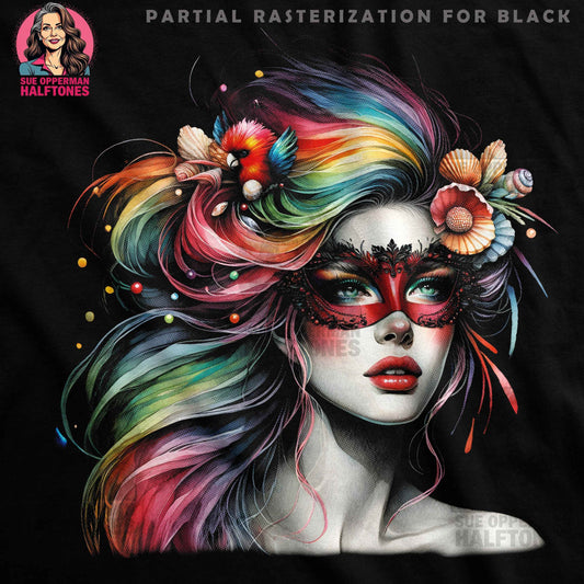 Glamour Portrait with Mask and Rainbow Hair Halftoned T-Shirt Design - halftone PNG for T-shirts – Sue Opperman Halftones