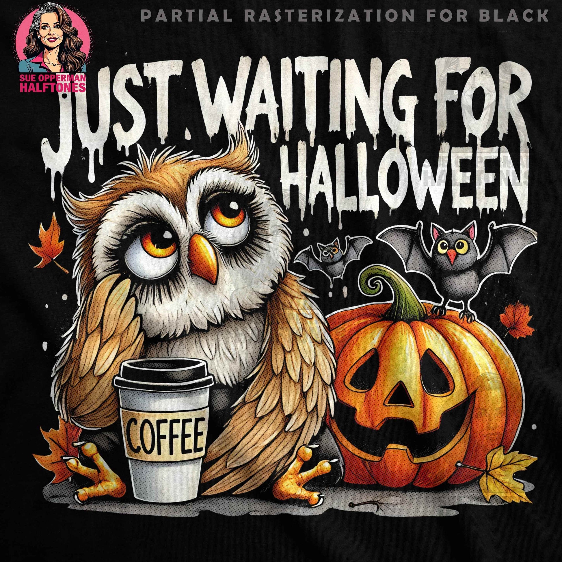 Halloween Owl Waiting for Halloween Halftoned T-shirt Design - halftone PNG for T-shirts – Sue Opperman Halftones