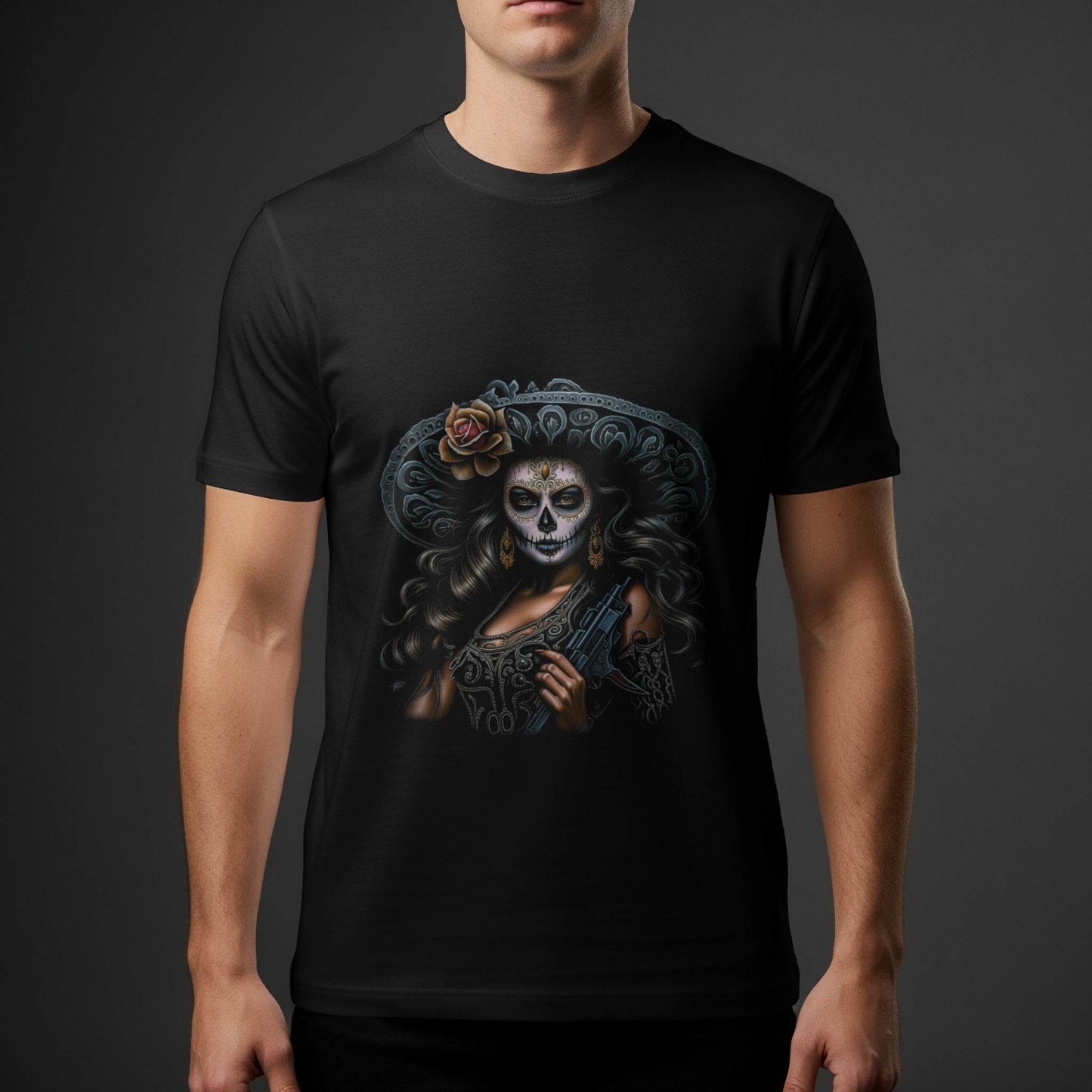 Sugar Skull Lady with Gun Halftoned T-Shirt Design - halftone PNG for T-shirts – Sue Opperman Halftones