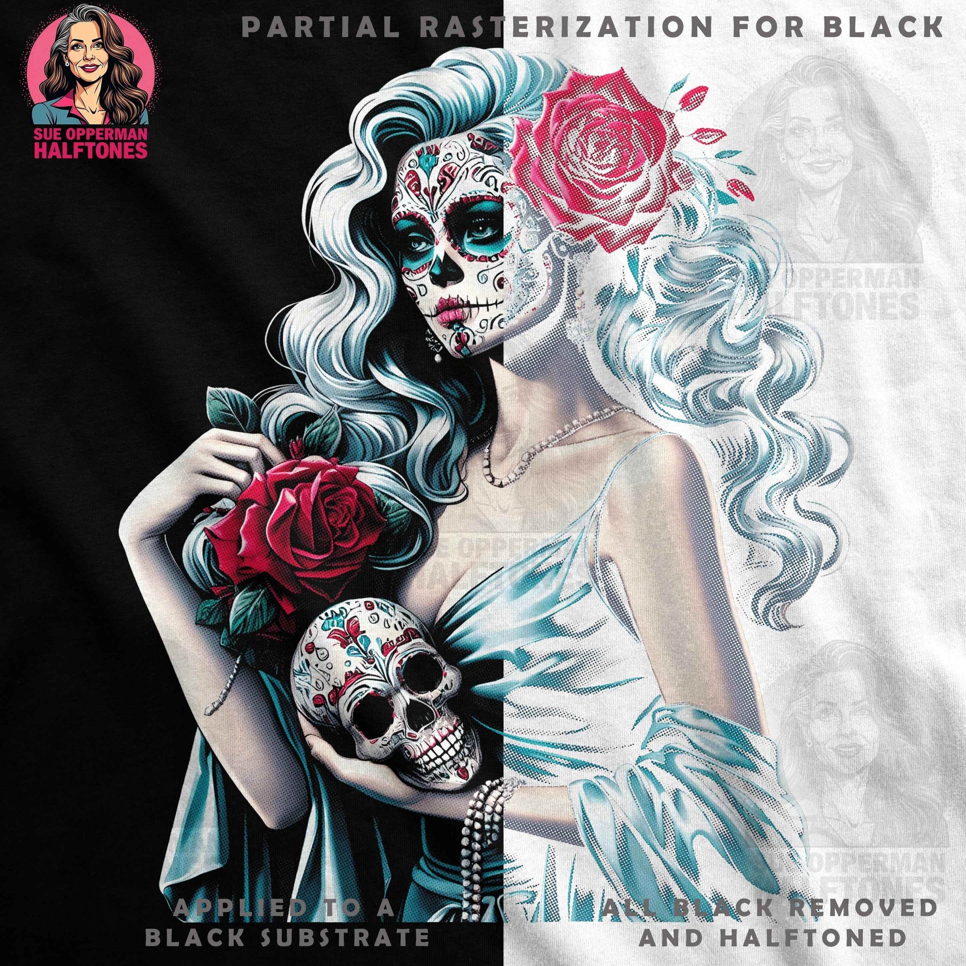 Floral Sugar Skull With Roses Halftoned T-Shirt Design - halftone PNG for T-shirts – Sue Opperman Halftones