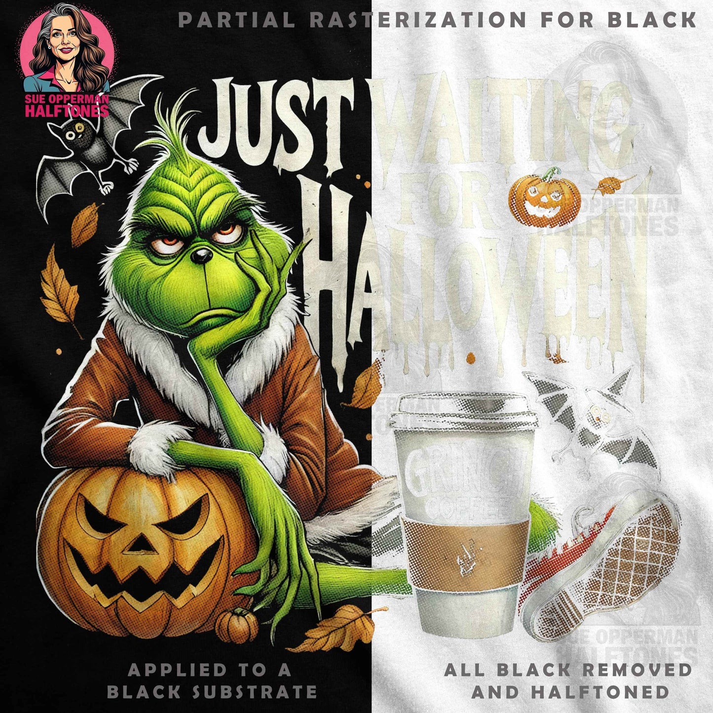 Halloween Grinch Waiting Funny Halftoned T-shirt Design - halftone PNG for T-shirts – Sue Opperman Halftones