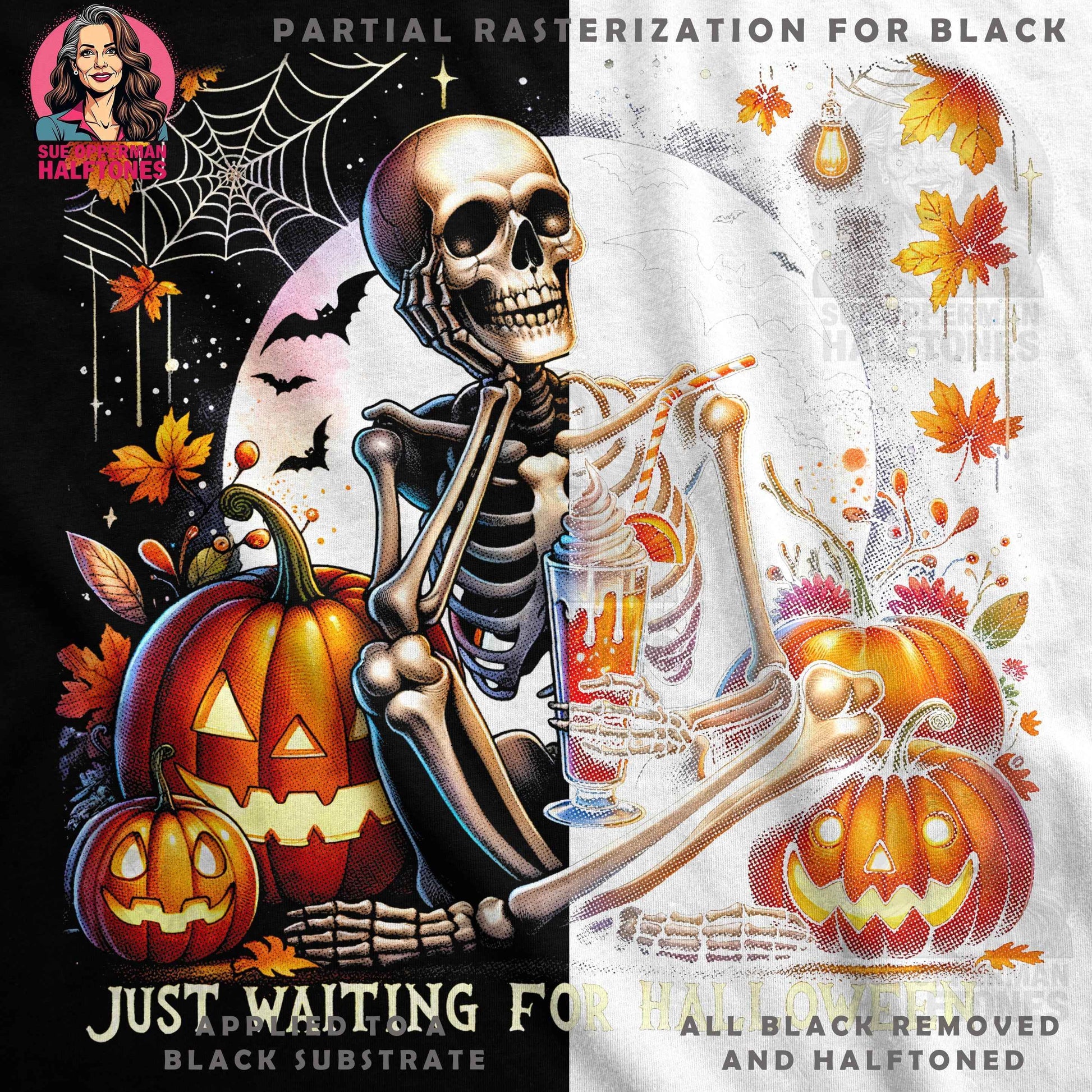 Halloween Skeleton Pumpkin Beverage Digital Halftoned T-Shirt Design - halftone PNG for T-shirts – Sue Opperman Halftones