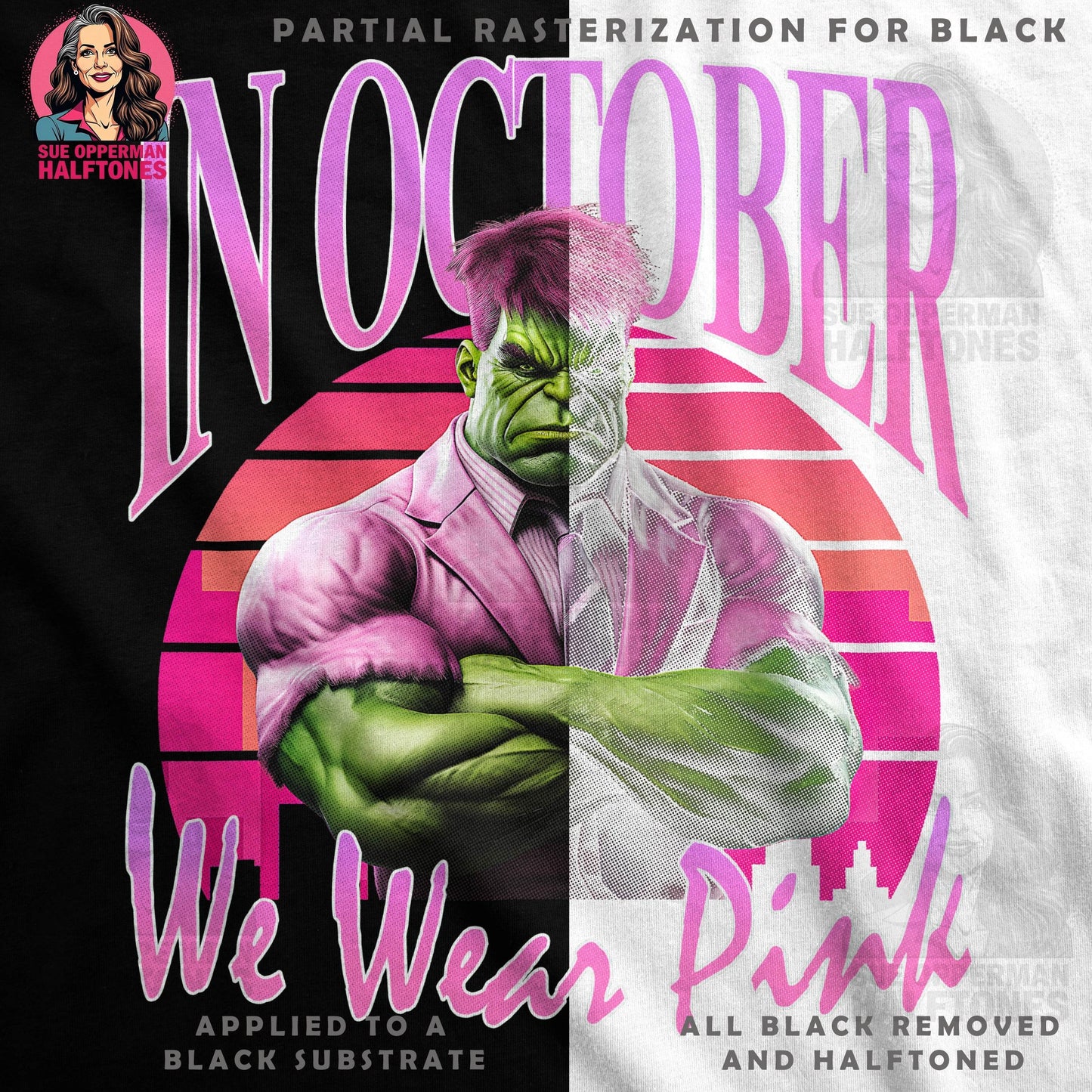 Superhero In October We Wear Pink Halftoned T-Shirt Design - halftone PNG for T-shirts – Sue Opperman Halftones