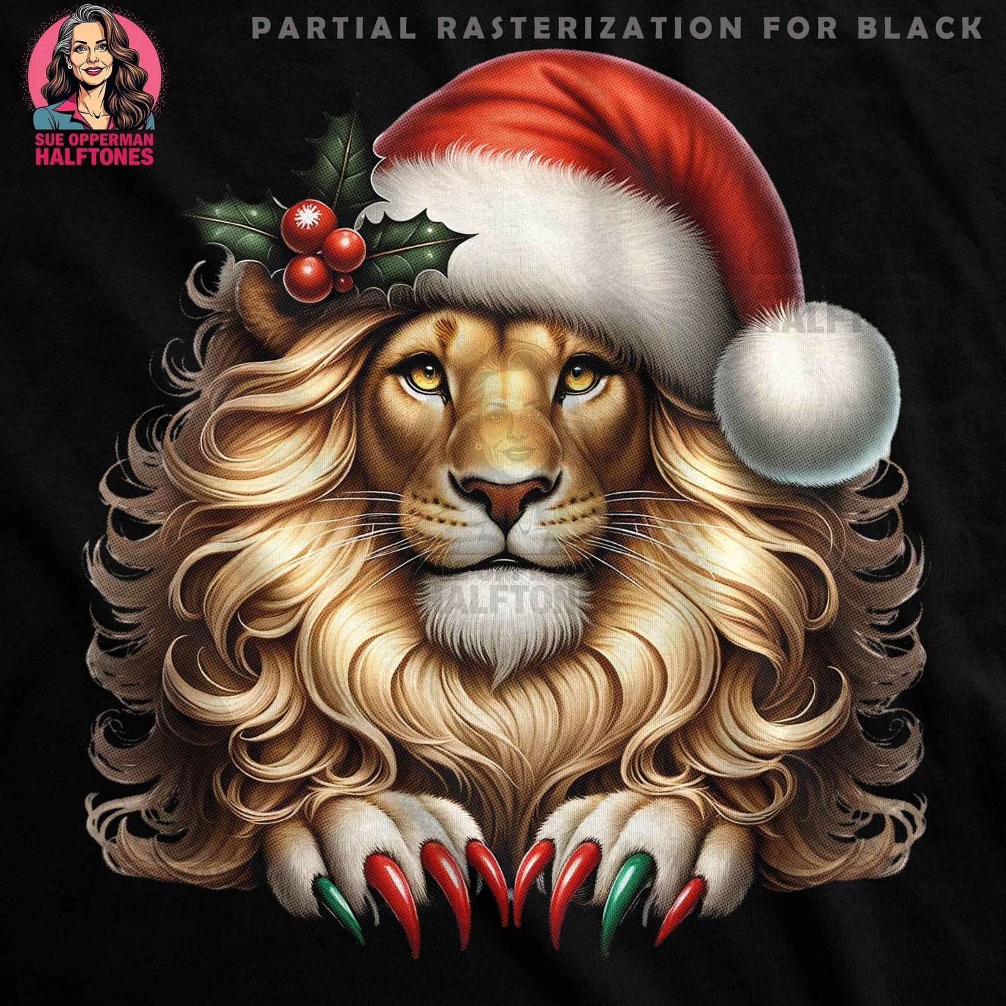 Christmas Lion With Santa Hat Halftone T-Shirt Designs - halftone PNG for T-shirts – Sue Opperman Halftones