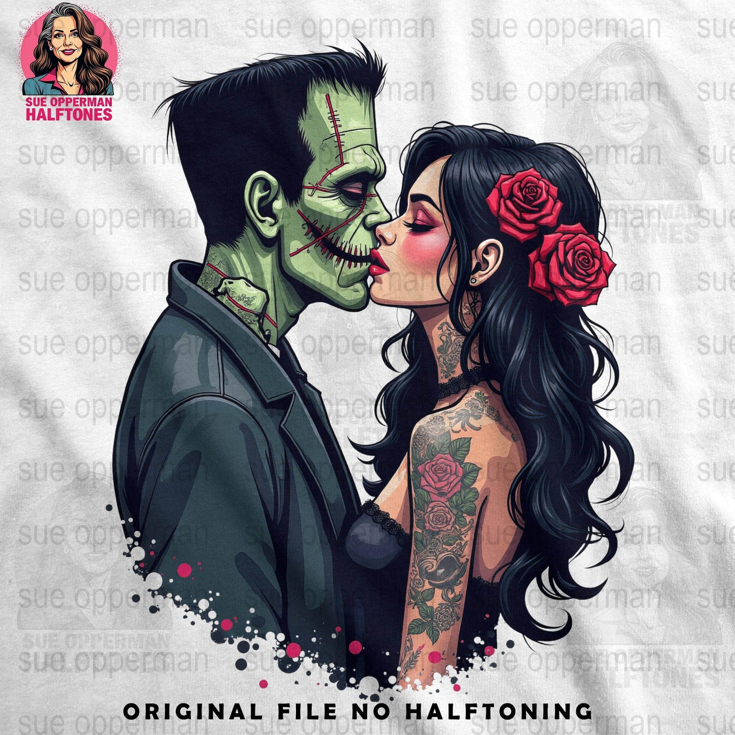 Halloween Frankenstein Kiss Universal Print Bundle Digital - halftone PNG for T-shirts – Sue Opperman Halftones