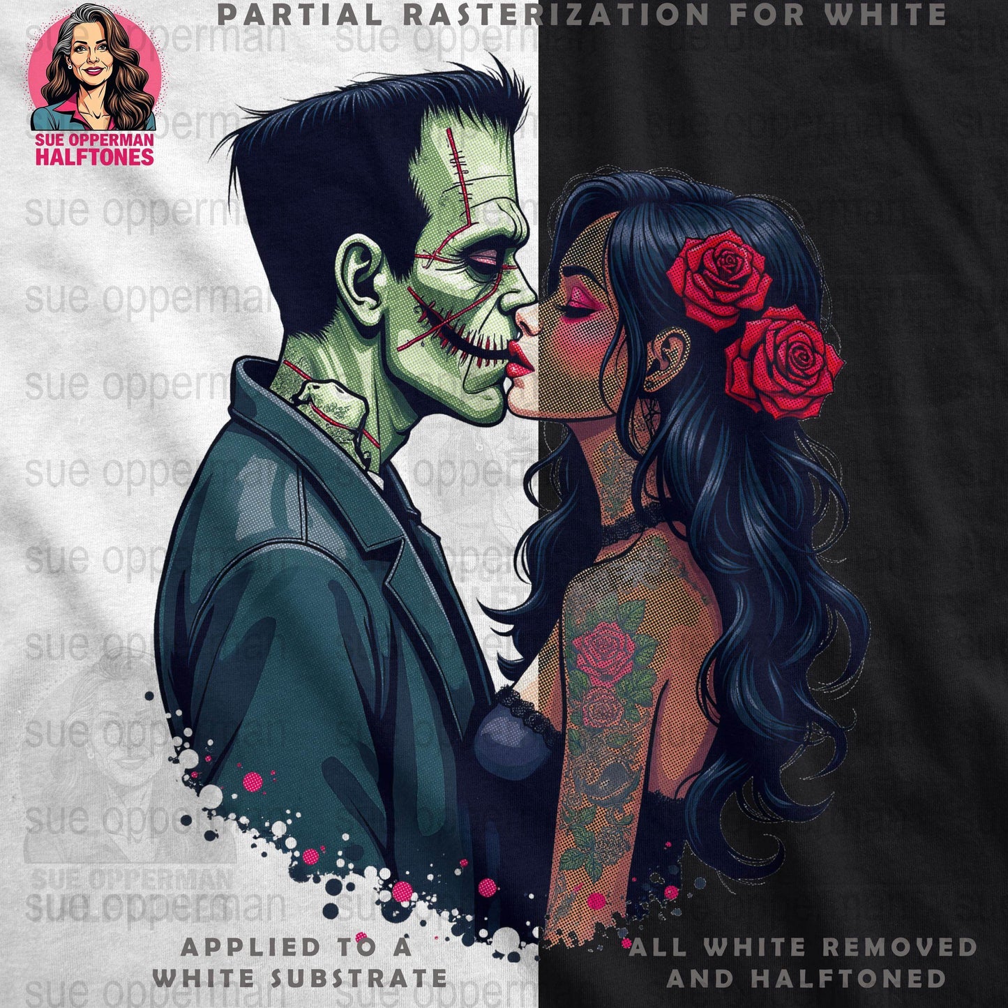 Halloween Frankenstein Kiss Universal Print Bundle Digital - halftone PNG for T-shirts – Sue Opperman Halftones