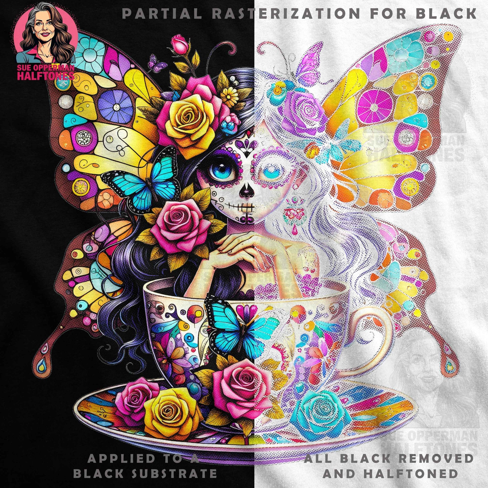 Day of the Dead Fairy in Teacup Digital Halftone T-Shirt Design - halftone PNG for T-shirts – Sue Opperman Halftones