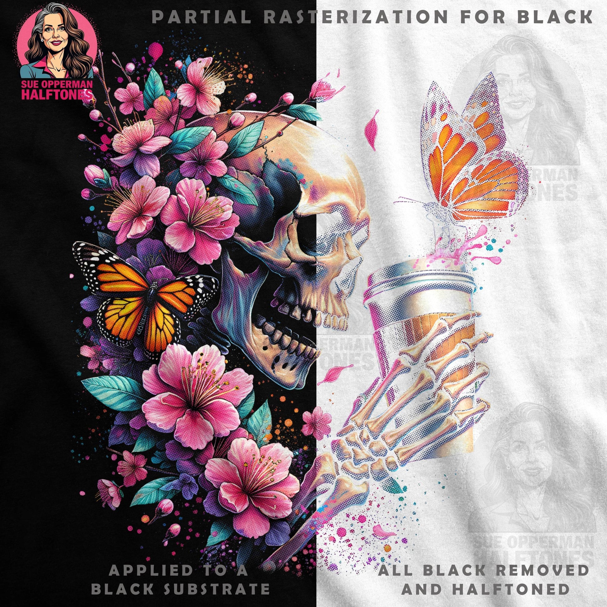 Floral Skull And Coffee With Butterfly Halftoned T-Shirt Design - halftone PNG for T-shirts – Sue Opperman Halftones