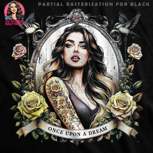 Portrait Woman with Roses Once Upon A Dream Halftoned T-Shirt Design - halftone PNG for T-shirts – Sue Opperman Halftones