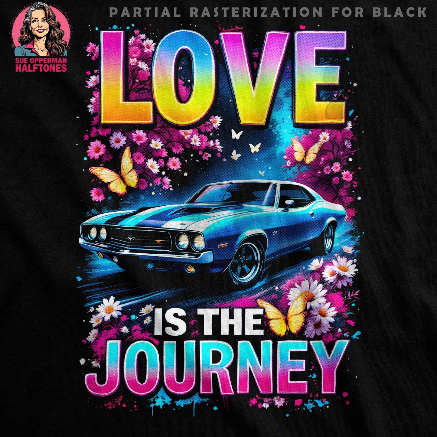 Car with Flowers and Butterflies Halftone T-Shirt Design - halftone PNG for T-shirts – Sue Opperman Halftones