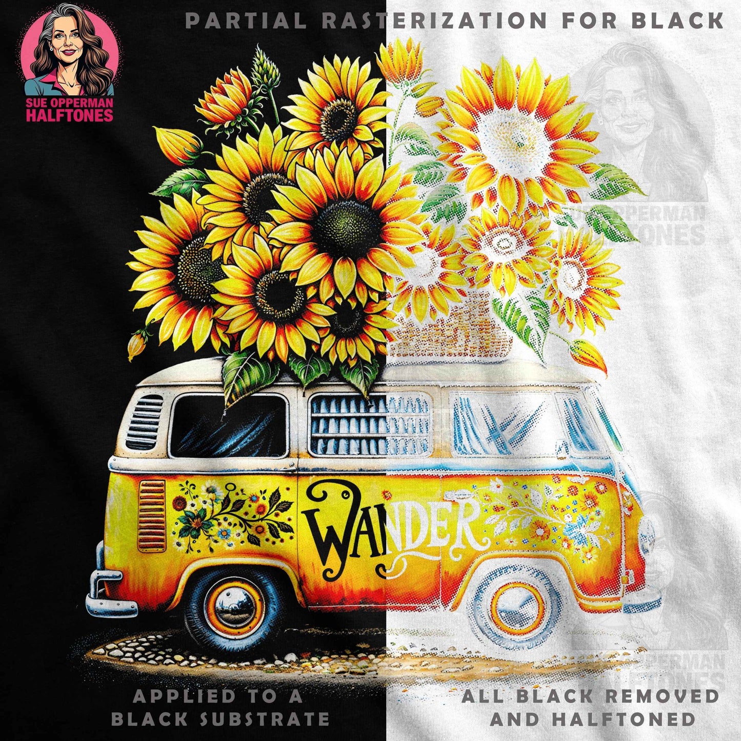 Van with Sunflowers Halftone T-Shirt Designs - halftone PNG for T-shirts – Sue Opperman Halftones