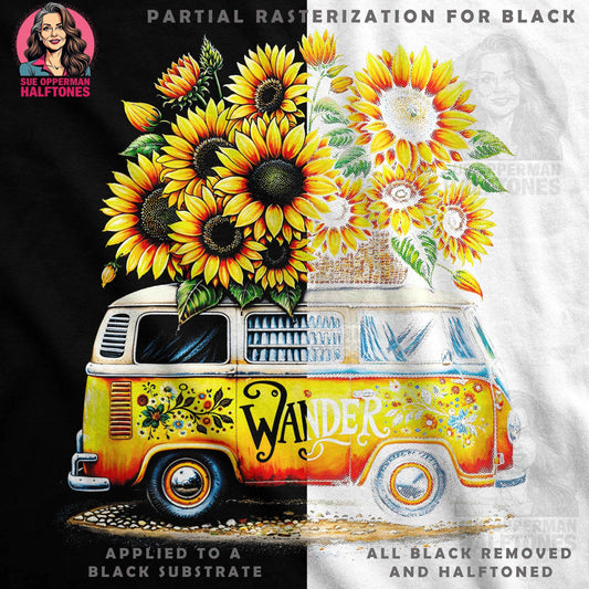 Van with Sunflowers Halftone T-Shirt Designs - halftone PNG for T-shirts – Sue Opperman Halftones