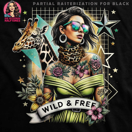 Portrait Flowers Giraffe Wild and Free Halftoned T-Shirt Design - halftone PNG for T-shirts – Sue Opperman Halftones