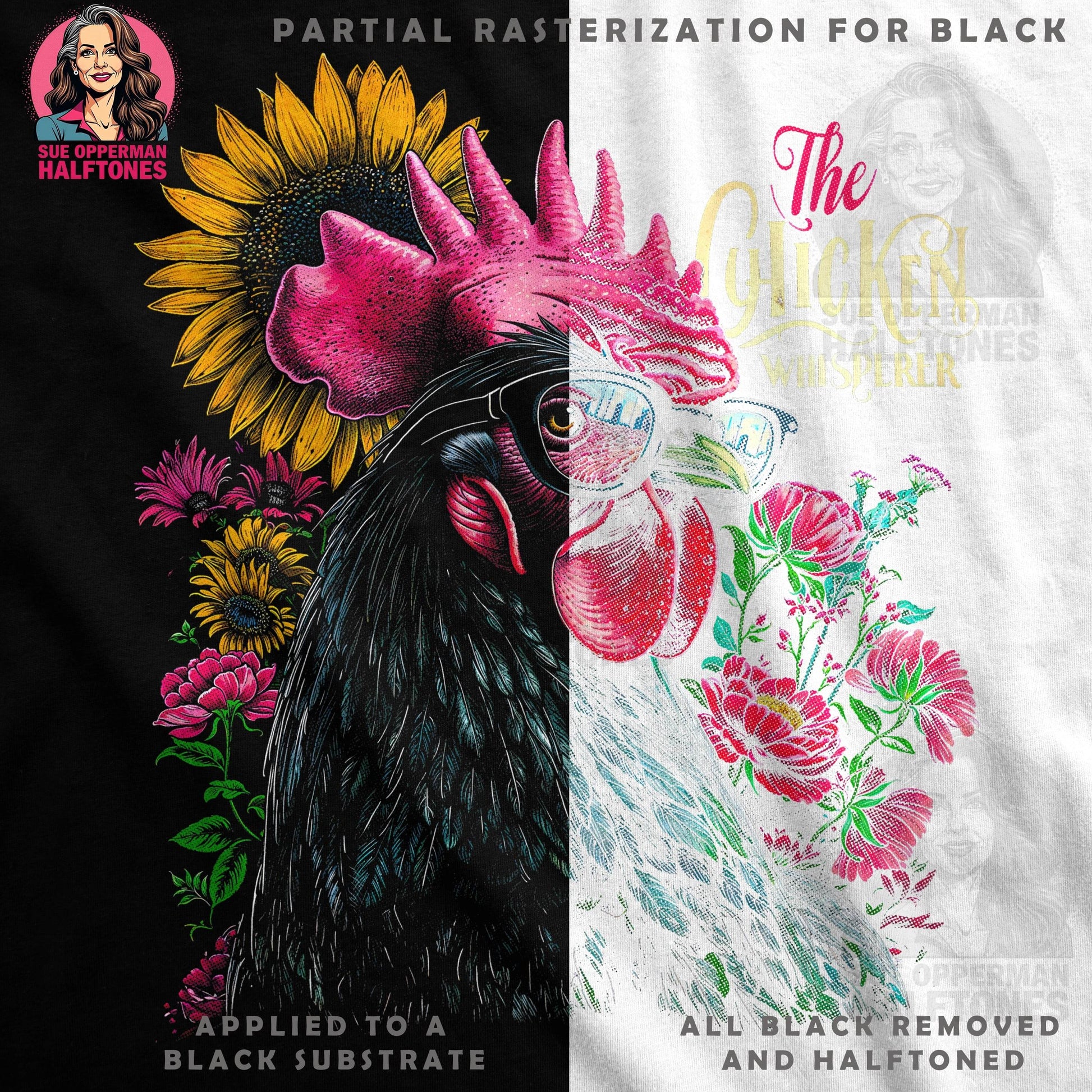 Chicken Whisperer Floral Halftone T-Shirt Design - halftone PNG for T-shirts – Sue Opperman Halftones