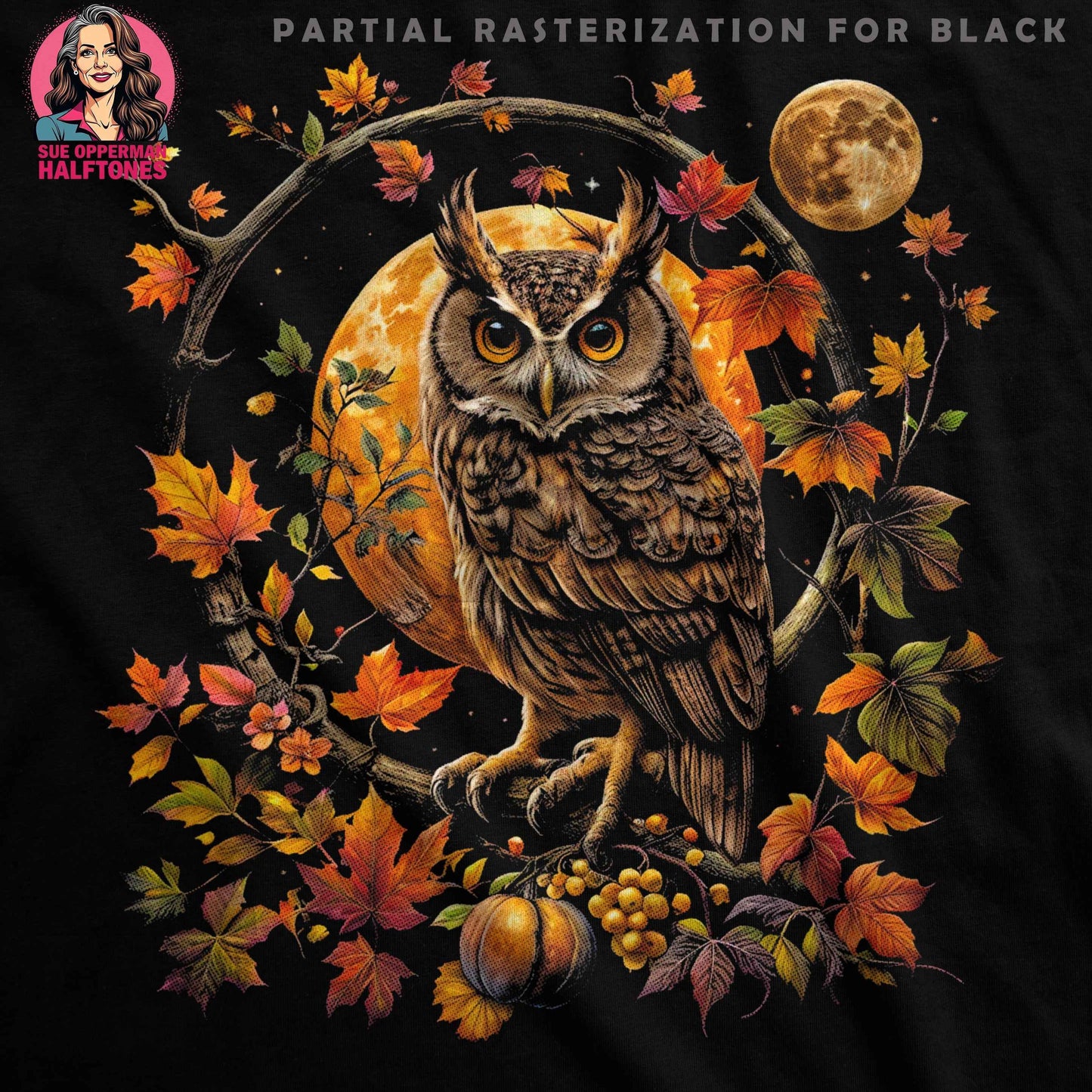 Autumn Owl Under Moon Digital Halftoned T-Shirt Design - halftone PNG for T-shirts – Sue Opperman Halftones