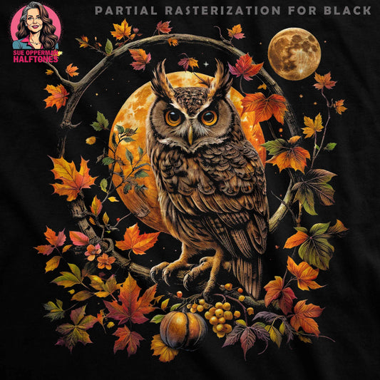 Autumn Owl Under Moon Digital Halftoned T-Shirt Design - halftone PNG for T-shirts – Sue Opperman Halftones
