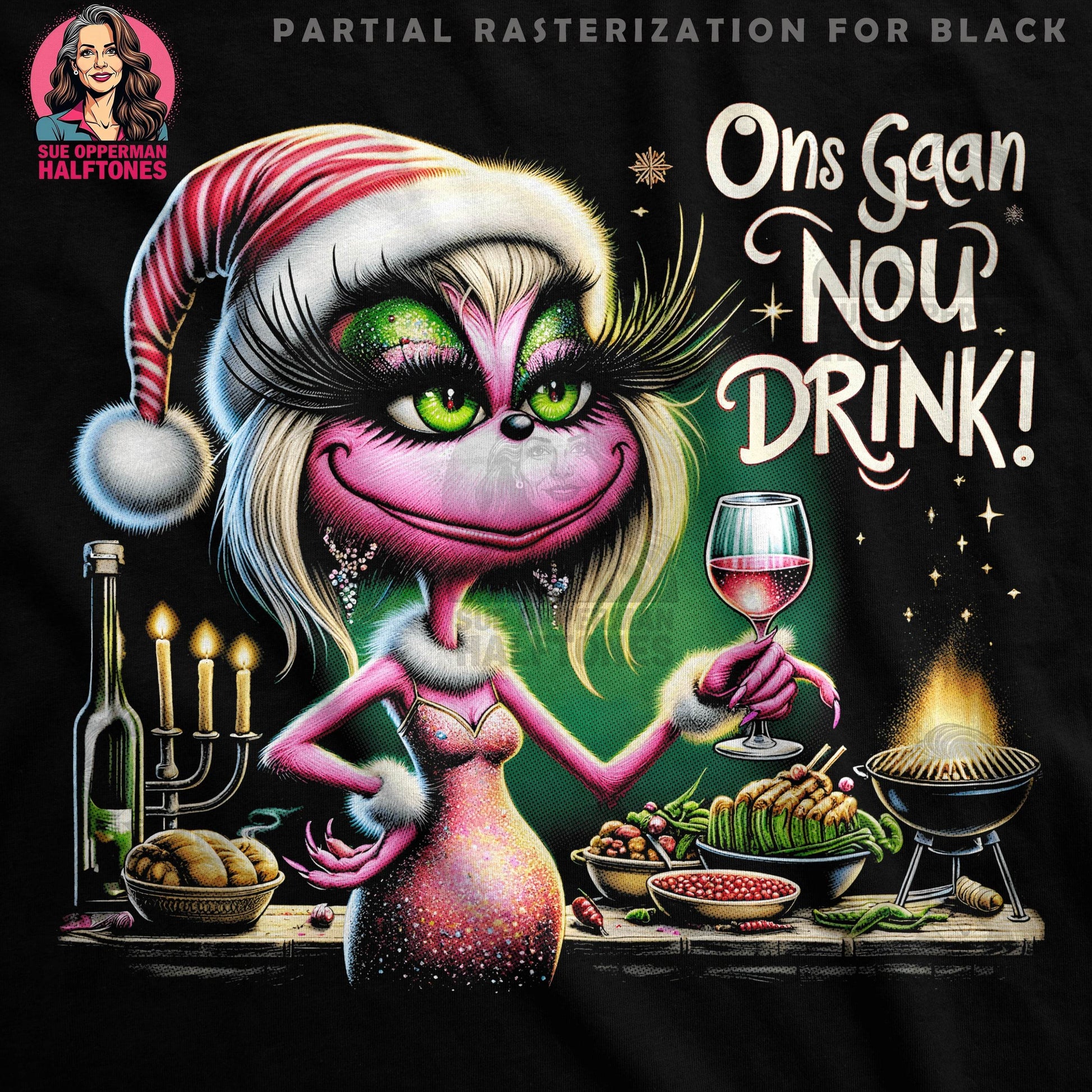 Christmas Funny Grinch With Wine Glass Halftoned T-Shirt Design - halftone PNG for T-shirts – Sue Opperman Halftones