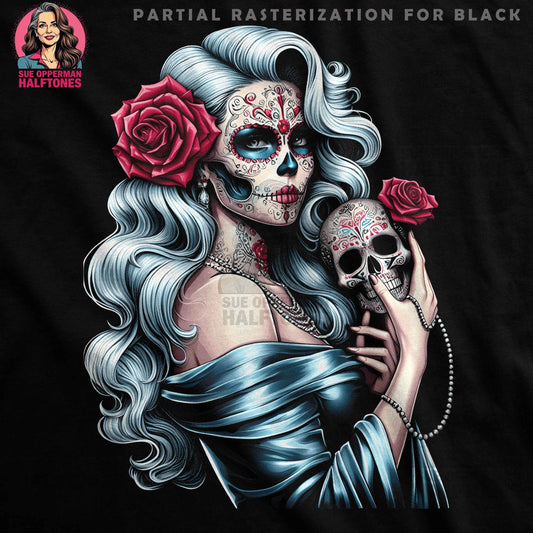 Day of the Dead Girl with Skull Halftoned T-Shirt Design - halftone PNG for T-shirts – Sue Opperman Halftones