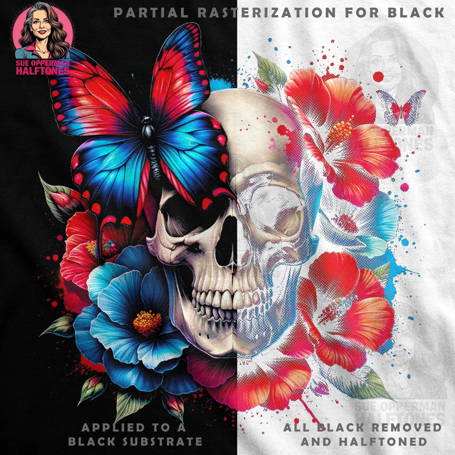 Skull Butterfly and Floral Halftone T-Shirt Design - halftone PNG for T-shirts – Sue Opperman Halftones