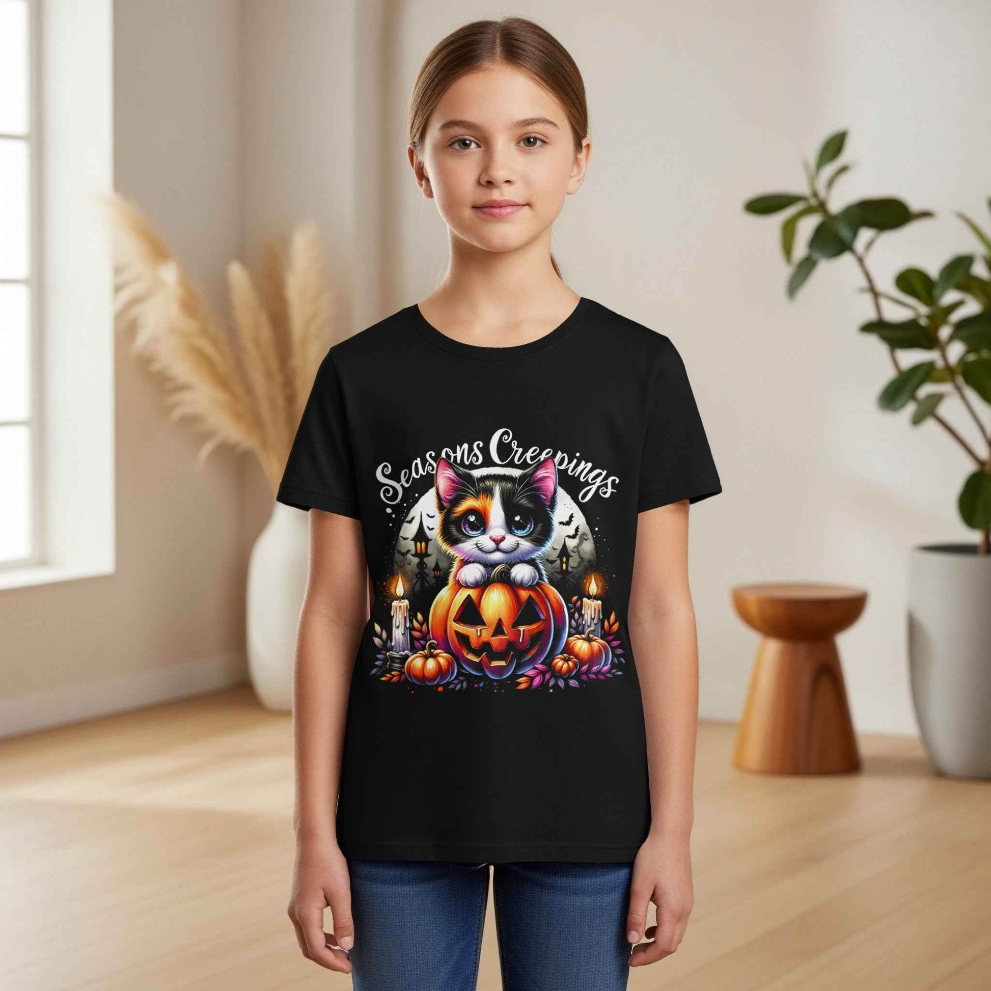 Spooky Kitten and Pumpkin Halloween Digital Halftoned T-Shirt Design - halftone PNG for T-shirts – Sue Opperman Halftones