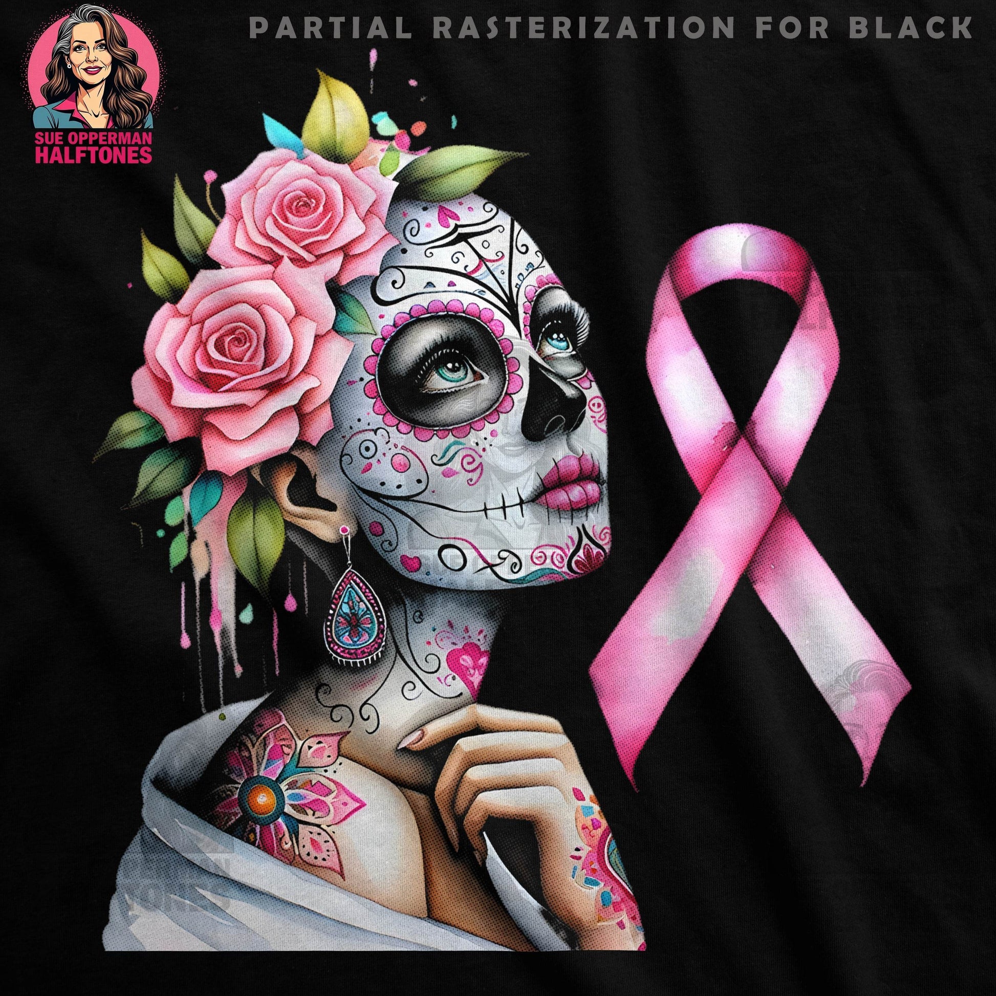 Breast Cancer Awareness Sugar Skull Halftoned T-Shirt Design - halftone PNG for T-shirts – Sue Opperman Halftones