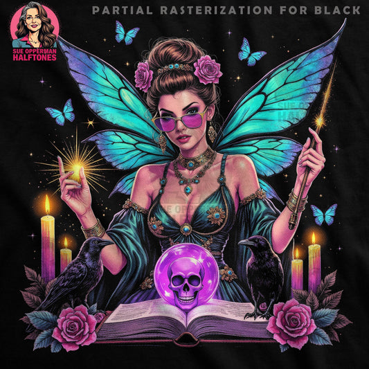 Fantasy Fairy With Skull Halftoned T-Shirt Design - halftone PNG for T-shirts – Sue Opperman Halftones
