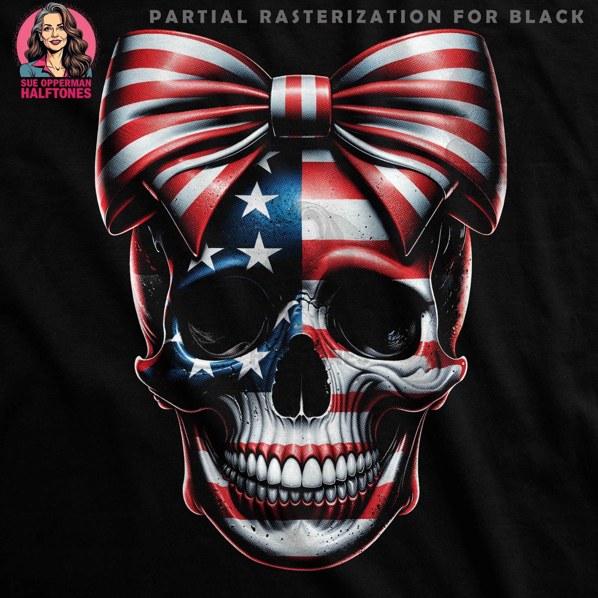 Patriotic Skull with Bow Halftoned T-Shirt Design - halftone PNG for T-shirts – Sue Opperman Halftones