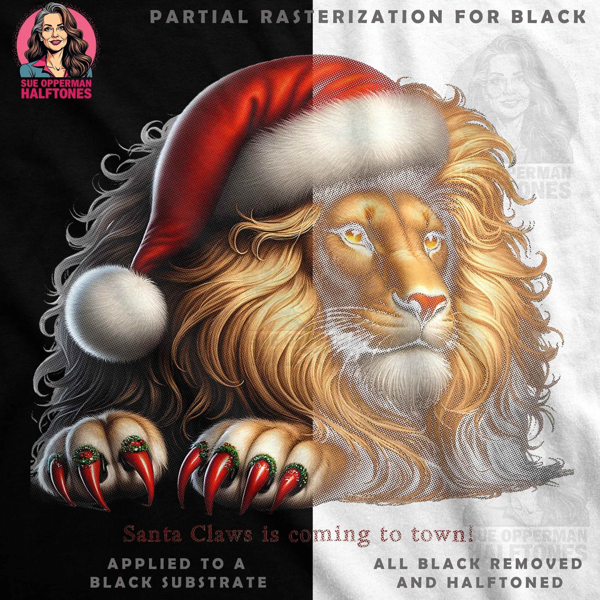 Christmas Lion Santa Claws Halftone T-Shirt Designs - halftone PNG for T-shirts – Sue Opperman Halftones