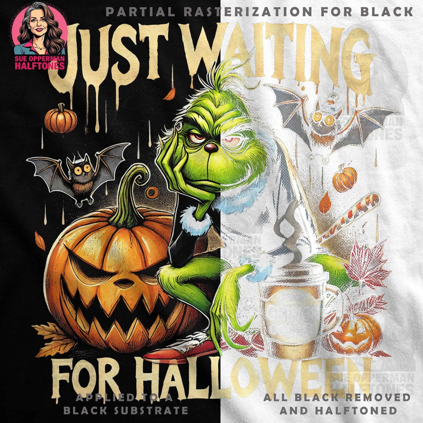Grinch Waiting for Halloween Halftoned T-shirt Design - halftone PNG for T-shirts – Sue Opperman Halftones