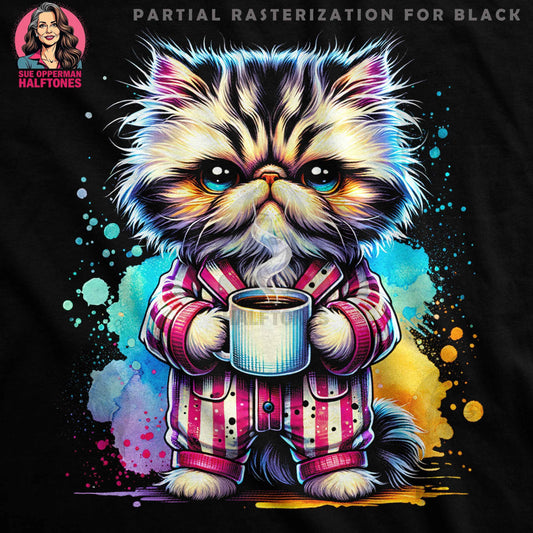 Cat in Pajamas with Coffee Digital Halftoned T-Shirt Design - halftone PNG for T-shirts – Sue Opperman Halftones