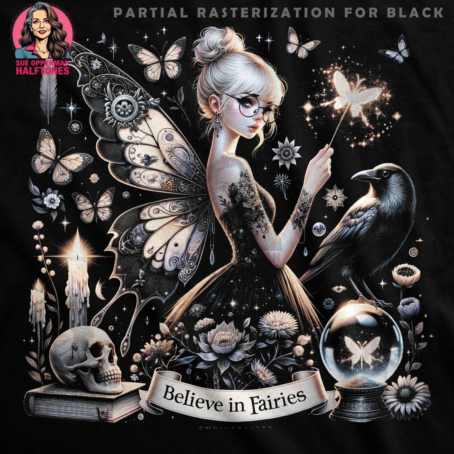 Fantasy Fae With Raven Halftone T-Shirt Design - halftone PNG for T-shirts – Sue Opperman Halftones