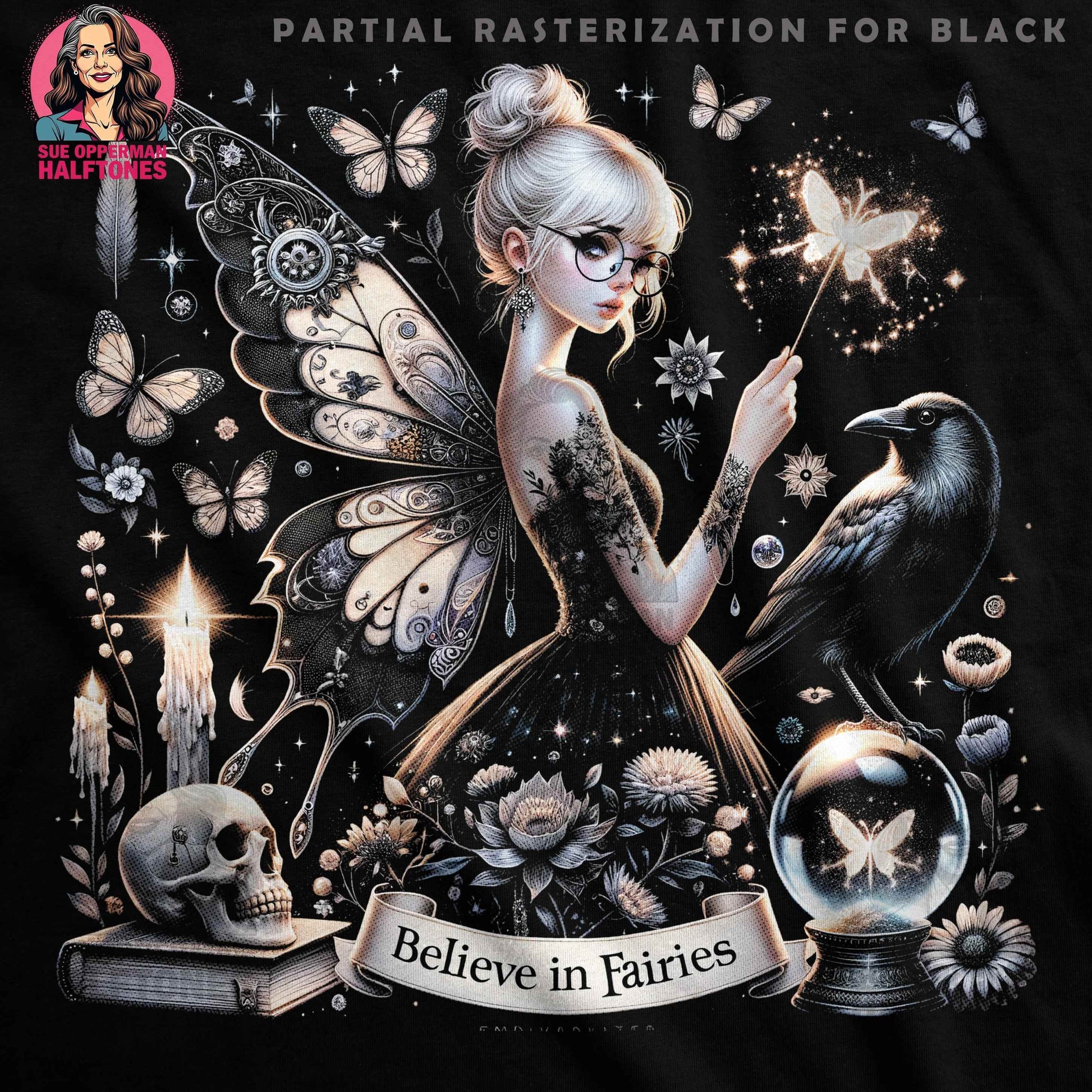 Fantasy Fae With Raven Halftone T-Shirt Design - halftone PNG for T-shirts – Sue Opperman Halftones