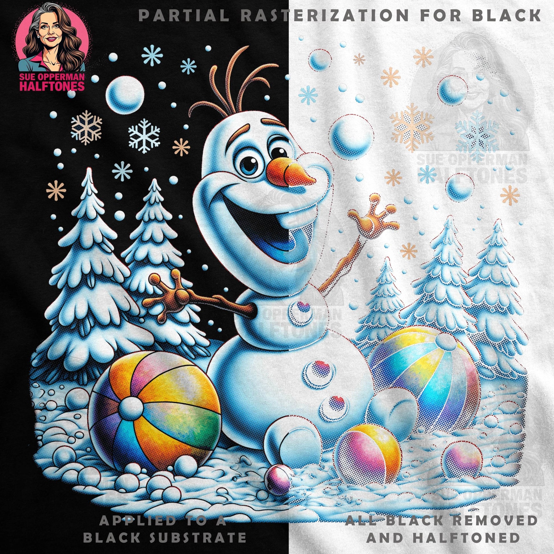 Snowman Olaf With Christmas Tree Halftoned T-Shirt Design - halftone PNG for T-shirts – Sue Opperman Halftones