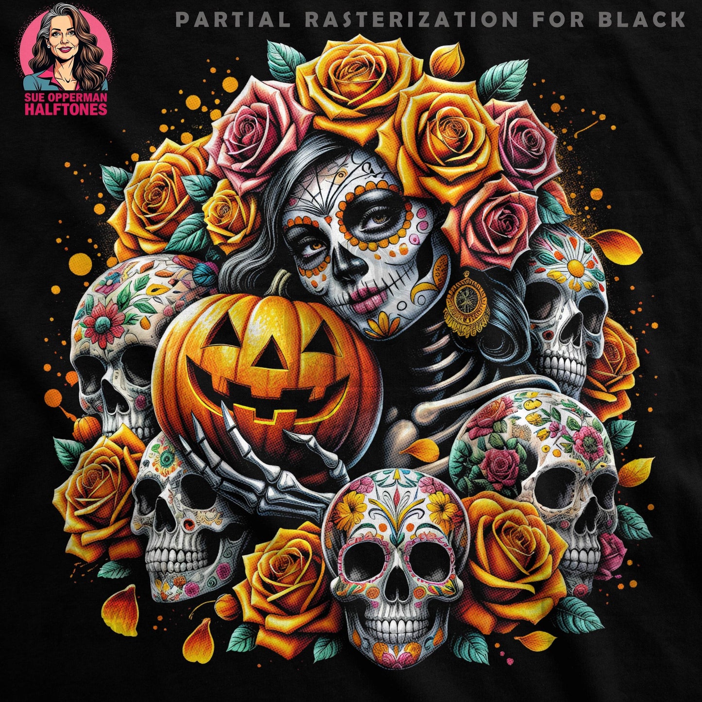 Halloween Sugar Skulls Halftone T-Shirt Design Digital - halftone PNG for T-shirts – Sue Opperman Halftones