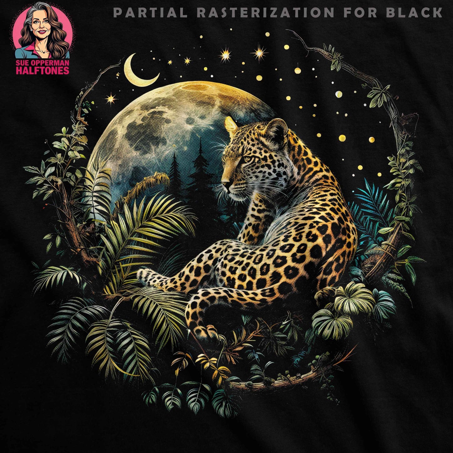 Tropical Leopard Under Moon Halftone T-Shirt Design - halftone PNG for T-shirts – Sue Opperman Halftones